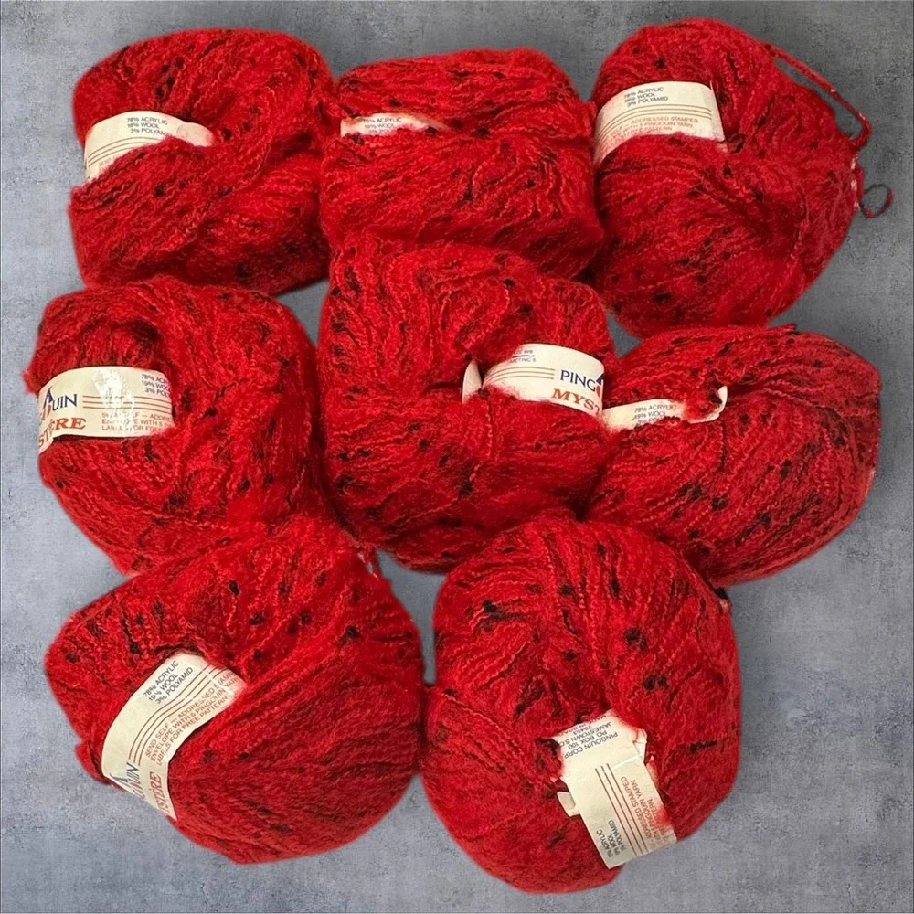 8 Vintage Pingouin Mystere Mohair Wool Blend FluffyYarn‎ Red Black 98 Yds Lot